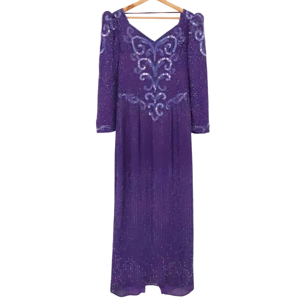 Vintage 80s Beaded Silk Gown Womens Size S Purple Sequin Formal Wedding FLAWS